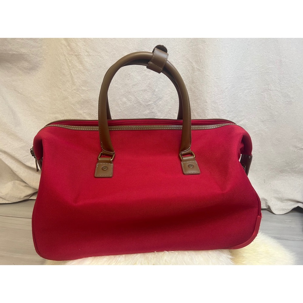 Tommy Hilfiger Rolling Duffel Red Canvas Logo Stripe Wheeled Travel Bag Nautical - Picture 4 of 7